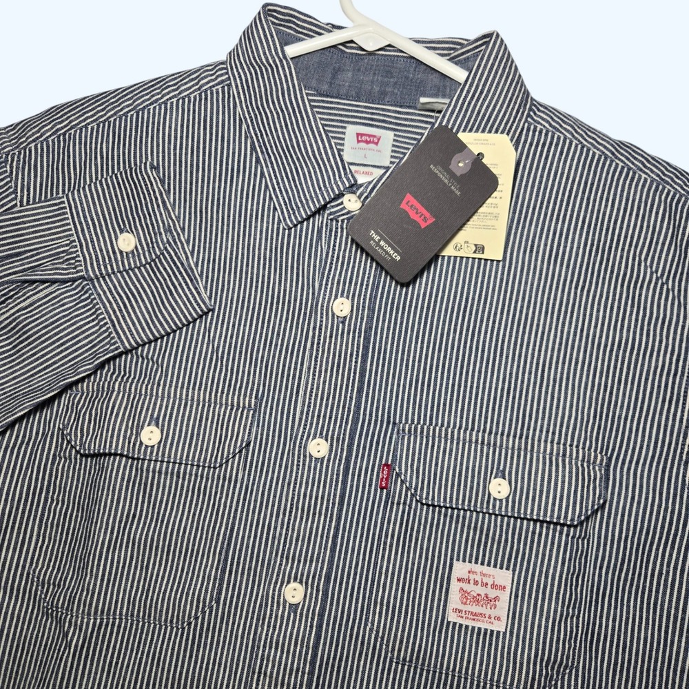 NEW Levis The Worker Relaxed Fit Railroad Stripe Shirt Mens Large Blue White